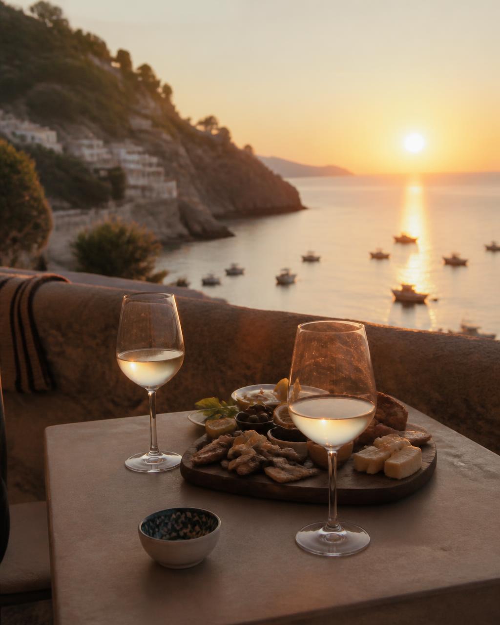 Calici e aperitivo su un tavolo affacciato sul mare al tramonto