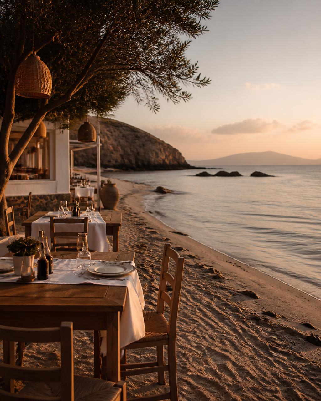 Tavoli di Mamér Cugnana sulla sabbia al tramonto sul Golfo di Olbia