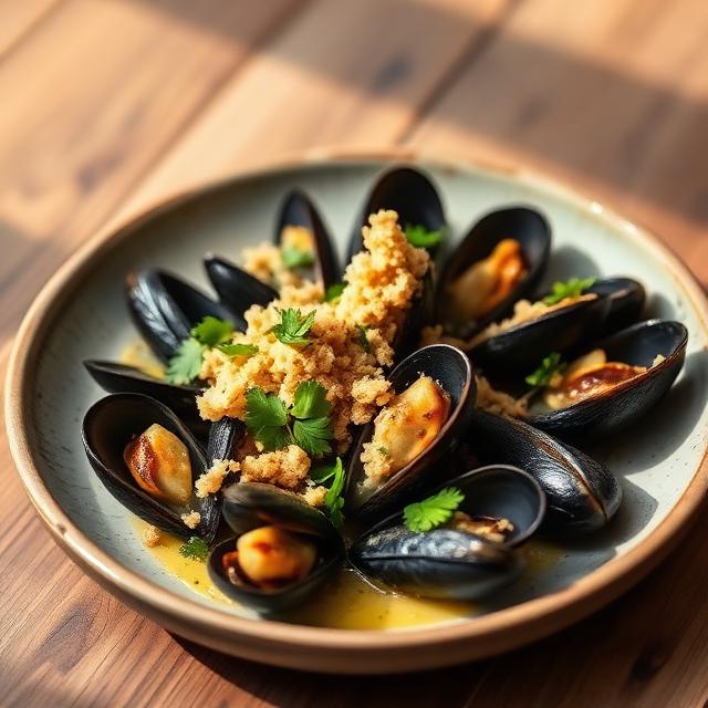 Cozze gratinate con pangrattato tostato e prezzemolo