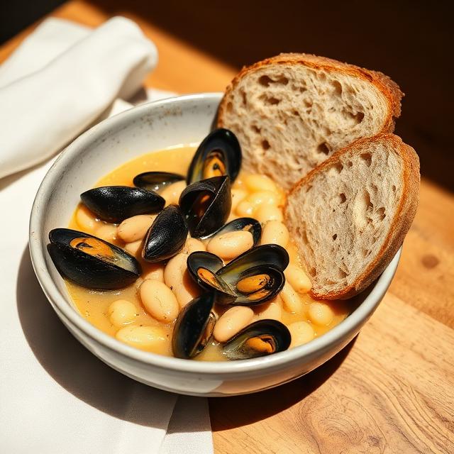 Zuppa di fagioli cannellini e cozze con pane