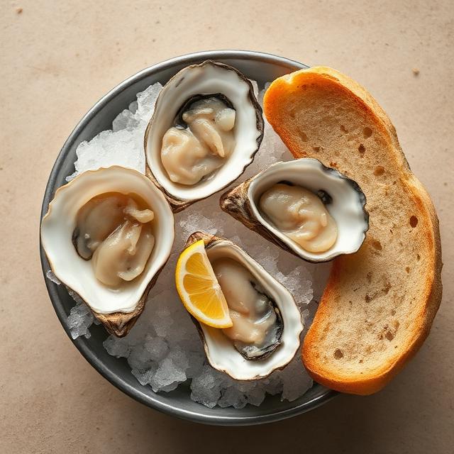 Ostriche Mamér servite crude sul ghiaccio con limone e pane carasau