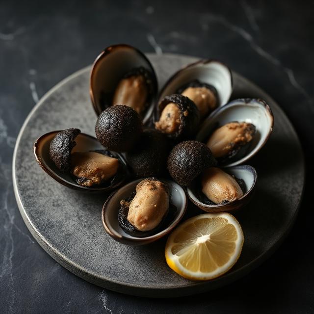 Tartufi di mare crudi serviti su piatto di pietra con limone