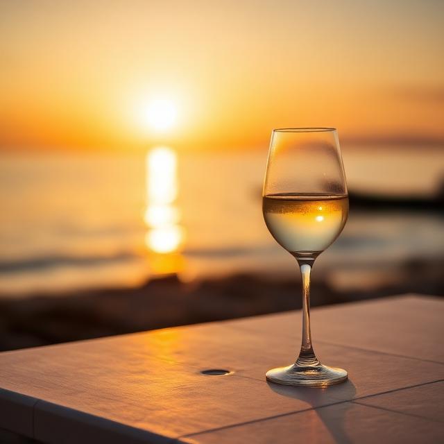 Calice di vino bianco sardo al tramonto sul mare